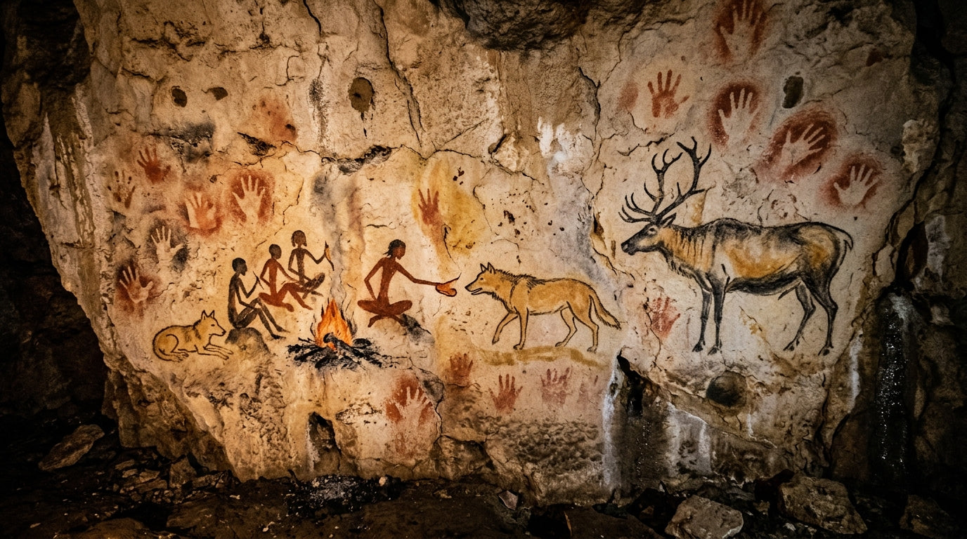 Illustration in the style of Ice Age cave art showing early humans feeding a wolf by the fire